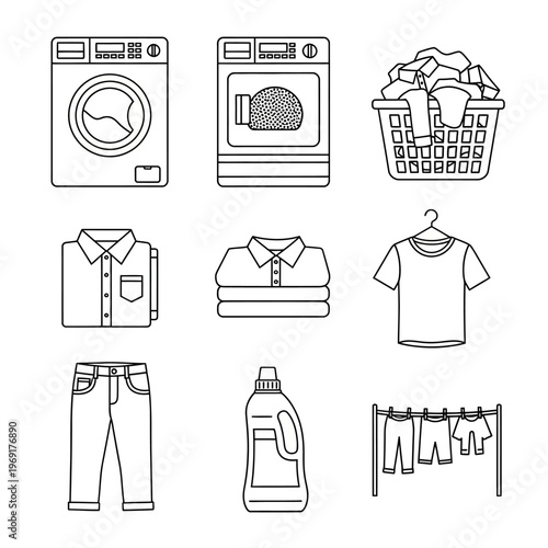 Laundry Icons: Washing Machine, Dryer, Basket, Clothes, Detergent, Drying Line