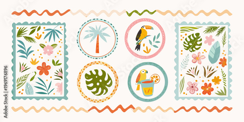 Tropical illustrations featuring toucans palm trees and vibrant foliage designs