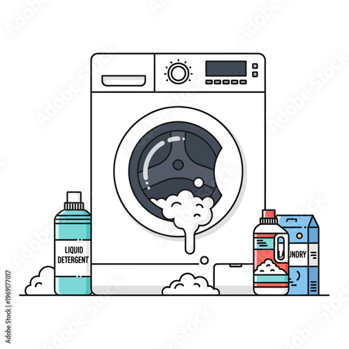 Washing Machine with Detergent Bottles and Laundry Soap Foam Bubbles