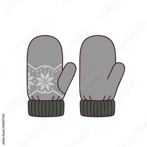 Two gray mittens with dark trim and a patterned knit cuff