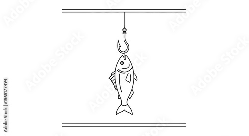 Minimalist monochrome line art illustration of a fish caught on a fishing hook