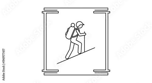 Vectored outline illustration of a solitary hiker ascending a challenging slope with essential gear