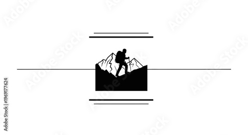 Minimalist graphic depicting a lone hiker ascending a dramatic mountain range with trekking poles