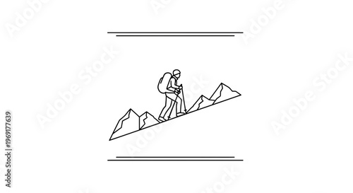 Minimalist outline drawing of a determined hiker ascending a mountainous path with trekking gear