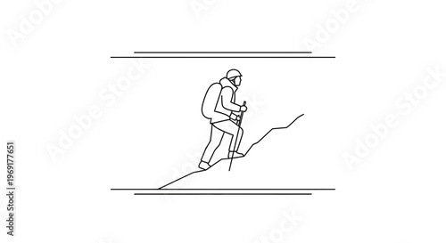 Clean line illustration of a solo climber with backpack and pole conquering an uphill journey