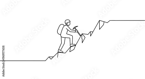 Continuous line drawing of a determined mountaineer ascending a rugged peak with specialized gear