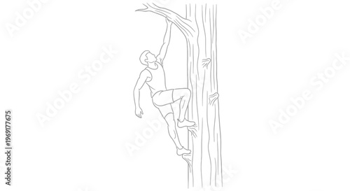 Dynamic line art illustration of a determined man engaging in challenging outdoor tree climbing
