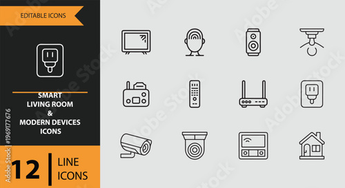 Smart living room and modern devices line icons set
