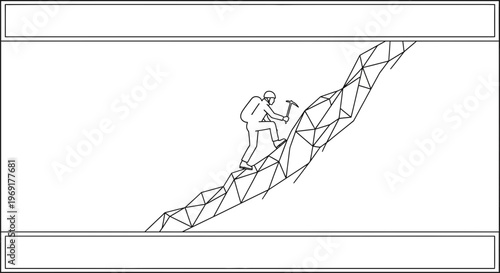 Geometric mountaineer icon scaling angular terrain demonstrating aspiration and progress journey