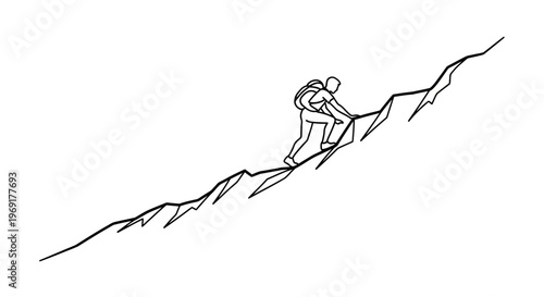 Line art illustration of a person ascending a steep mountain representing challenge, ambition and