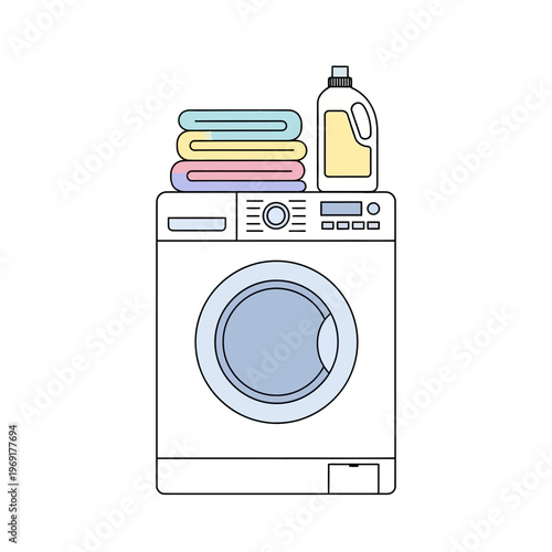 Modern Washing Machine with Stacked Towels and Detergent Bottle, Laundry Concept