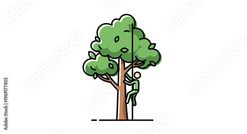 Vibrant illustration of a person ascending a large green tree with a rope system outdoors