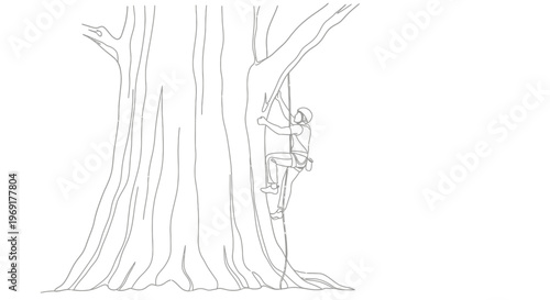 Skillful arborist carefully scaling a colossal tree using modern safety equipment