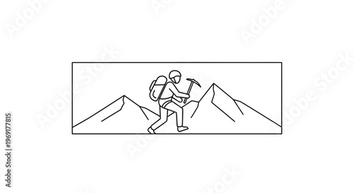 Minimalist line art illustration of a person mountain climbing with an ice axe exploring peaks and