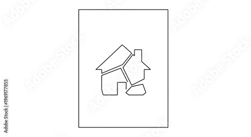 Minimalist black and white line art depicting a broken residential structure, symbolizing concepts