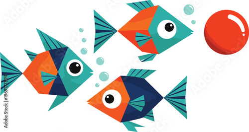 Colorful fish cartoon vector illustration with geometric shapes bubbles and aquarium scene playful marine animals design for kids decoration