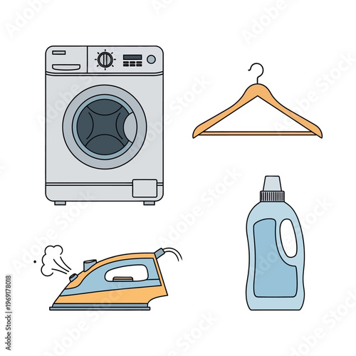 Laundry icons: washing machine, iron, hanger, and detergent bottle, clean and organized