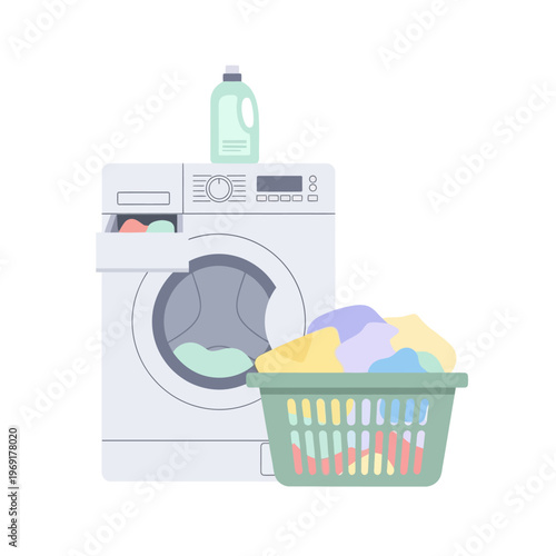 Washing Machine with Laundry Basket Full of Clothes and Detergent Bottle