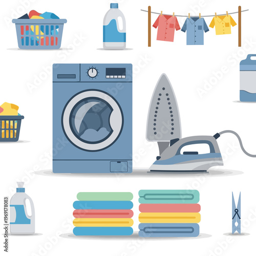 Laundry Room Essentials: Washing Machine, Iron, Clothesline, Baskets, Detergent, Clothespin