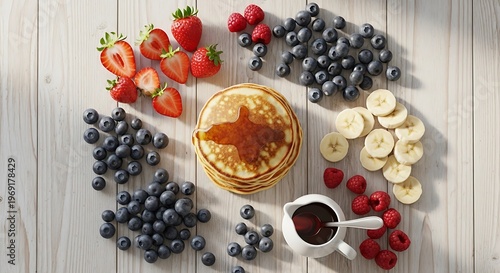 Stack of fluffy pancakes with syrup surrounded by fresh berries and sliced banana
