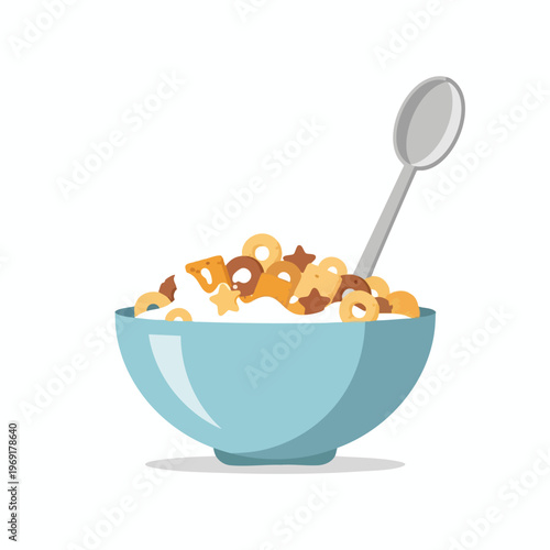 Light blue bowl filled with cereal and milk, with a spoon