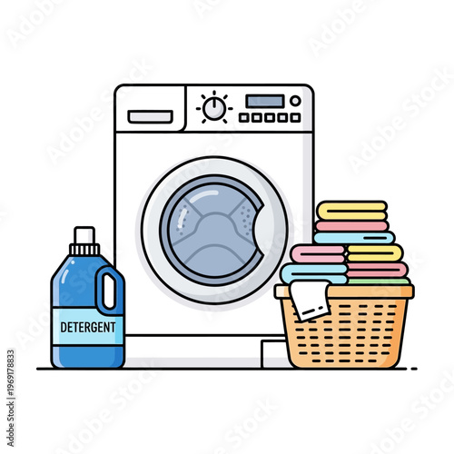 Washing Machine, Laundry Basket, Detergent Bottle and Stacked Clean Towels - Flat Icon