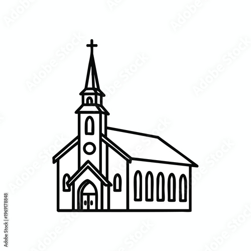 A line drawing of a simple church with a steeple and arched windows