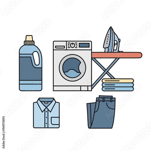 Laundry and Ironing Concept: Washing Machine, Detergent, Clothes, Ironing Board, and Iron