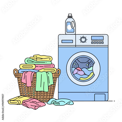Laundry Basket and Washing Machine with Clothes and Detergent Bottle