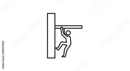 Minimalist line art icon representing an individual climbing or hanging from a horizontal bar