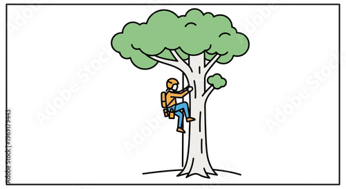 Illustrated depiction of a professional arborist meticulously ascending a tall, leafy tree in a