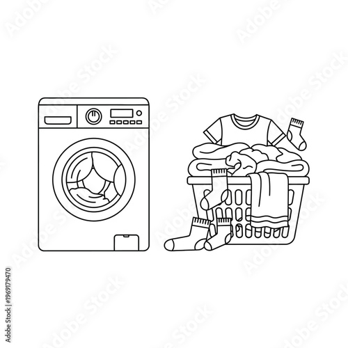 Laundry day: Washing machine and full laundry basket with clothes and socks, line art illustration