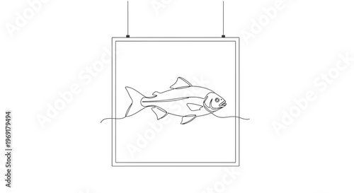 Elegant continuous line art fish suspended within a modern framed display on a clean white canvas
