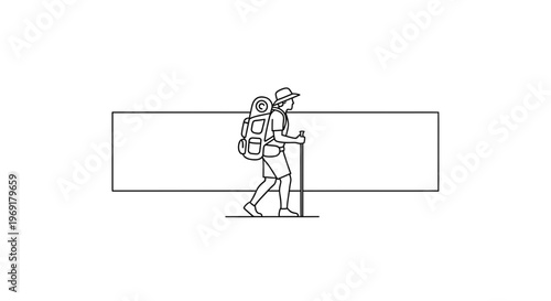 Minimalist line art illustration of an adventurer hiking with a backpack and walking stick