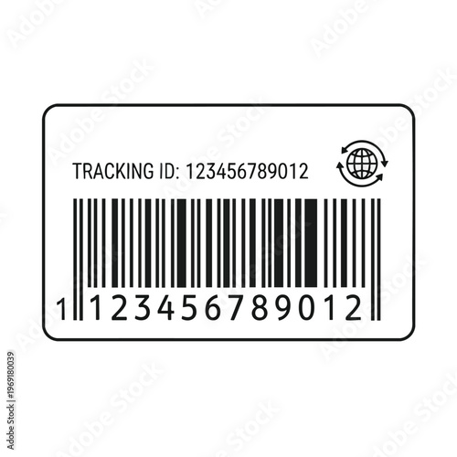 A barcode sticker with "TRACKING ID 123456789012" and a globe icon