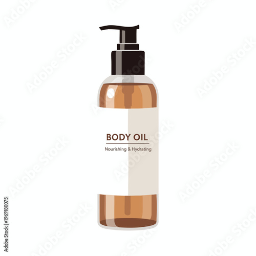 Clear bottle with a black pump dispenser, contains amber body oil