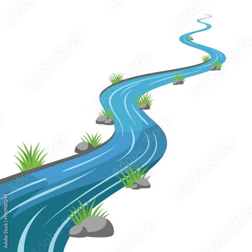 A winding blue river flows through rocks and grass on a white background