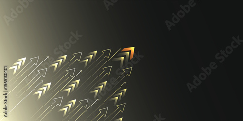 Obraz na plátně Golden arrows moving forward with one leading the group on a dark background
