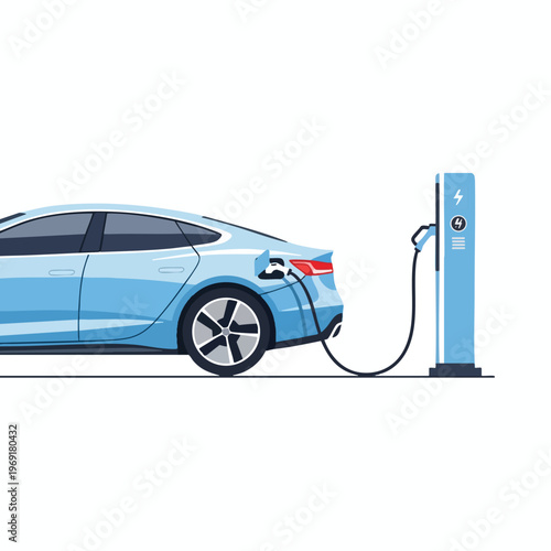 Light blue electric car charging at a modern station