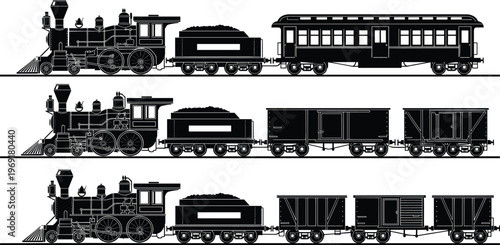 Fotografie Classic, black silhouette vector illustration of vintage steam locomotive trains, featuring coal tenders, passenger cars, and freight boxcars on tracks