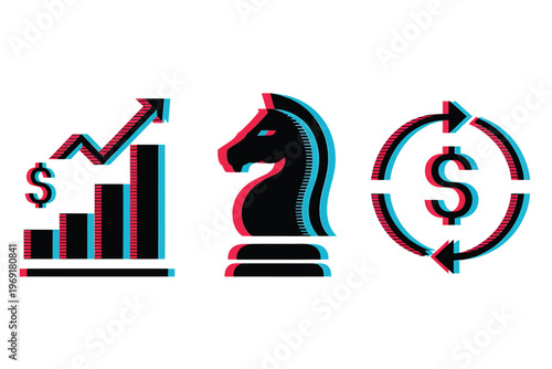 Abstract icons depicting finance strategy and investment with a glitch effect