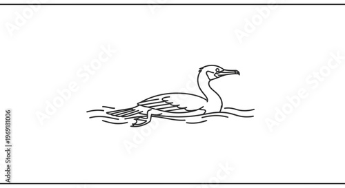 Clean monochromatic vector graphic depicting an elegant aquatic bird swimming peacefully upon