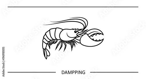 Minimalist monochrome line art depicting an aquatic crustacean featuring a prominent pincer and