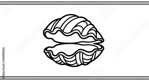 Minimalist ocean-themed black and white line drawing of an open clam shell for marine designs