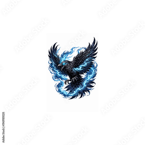 Corvo mistico con fiamme blu  in stile fantasy e tatuaggio. Generative AI 