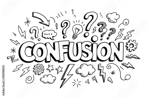 Hand drawn illustration depicting confusion with question marks and ideas