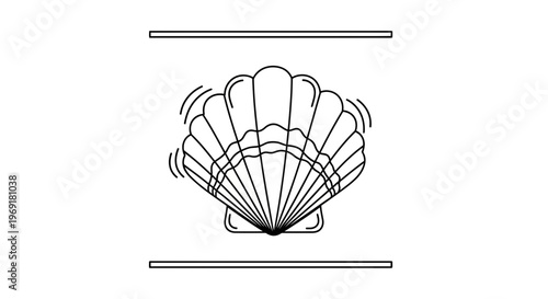 Dynamic line art illustration of an opening scallop shell revealing its intricate interior structure