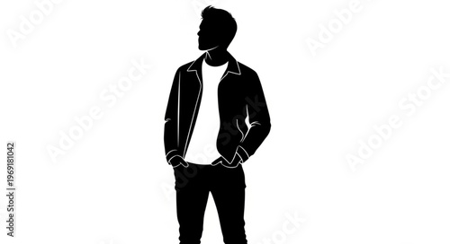 Silhouette of a Stylish Man in Jacket and Jeans Looking Away.