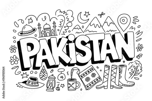 Doodle illustration showcasing cultural elements and landmarks of pakistan