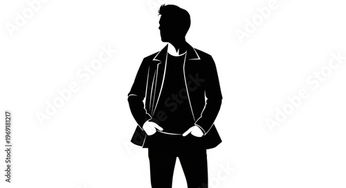 Silhouette of a Stylish Man in a Leather Jacket Looking Away.
